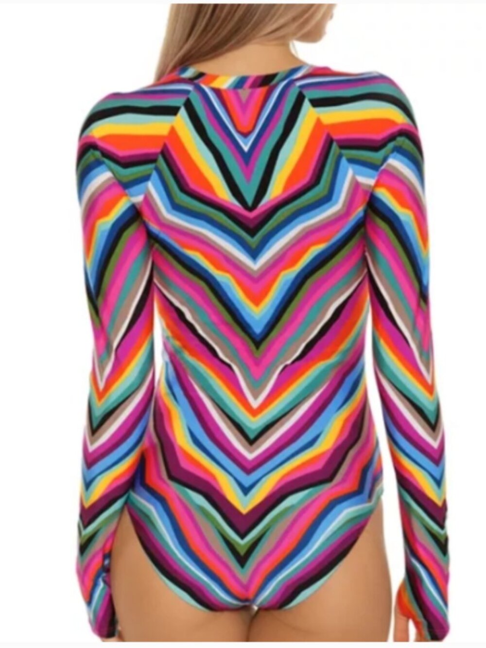 Trina Turk Louvre Printed Long Sleeve Swimsuit Pink Teal Crew Neck Medium - Picture 2 of 8